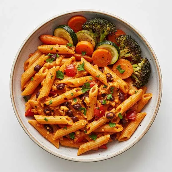 Roasted Red pepper, Black Bean and Cashew Penne with Parsley roasted vegetables